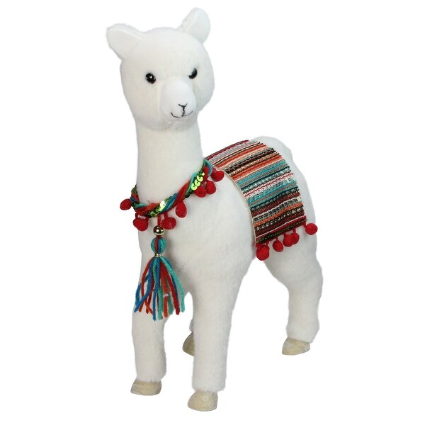 14 White Plush Bohemian Standing Llama Christmas Figure with Pom Poms