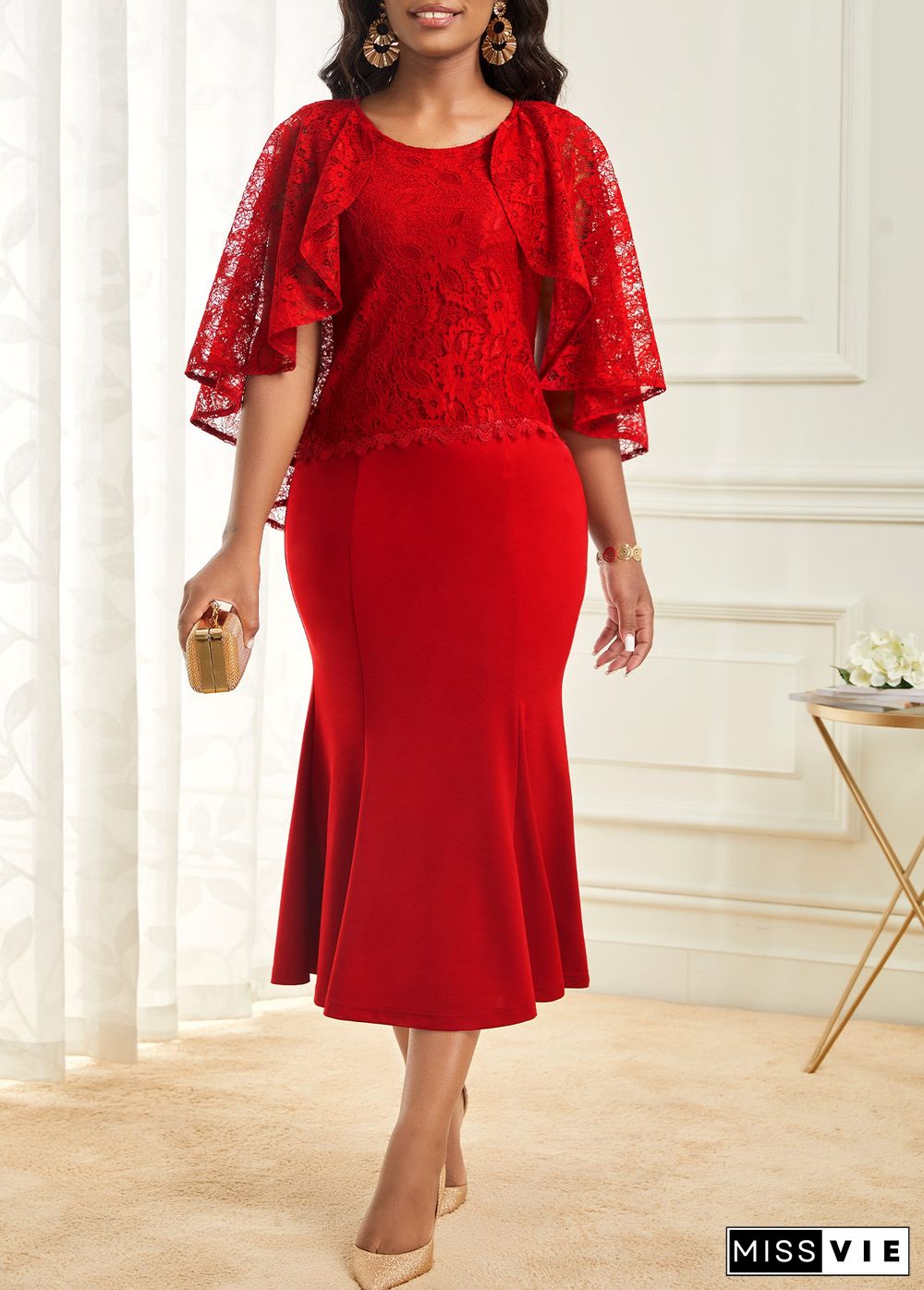 Lace Stitching Wine Red Cape Sleeve Dress