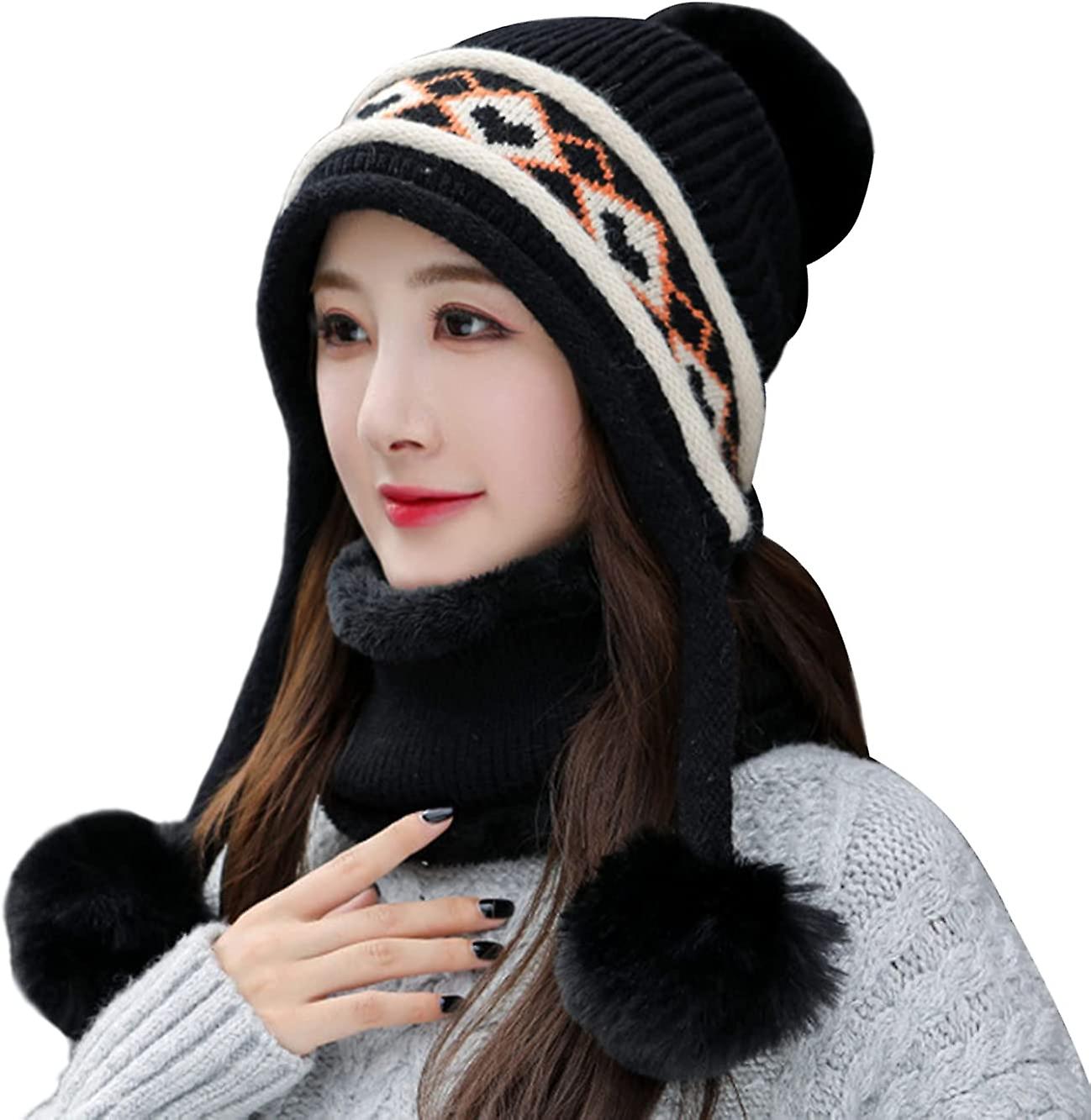 Women Winter Beanie Hat Peruvian Circle Scarf Set Ski Ear Flaps Caps Dual Layered Fleece Lined Pompoms E1450215-black -