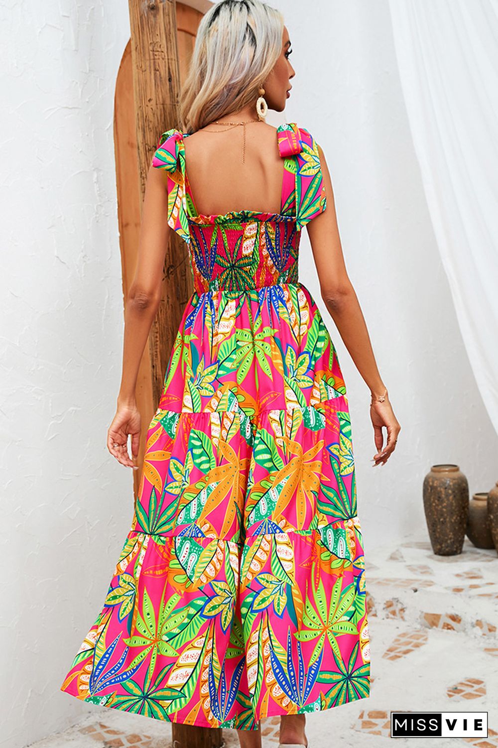 Smocked Tie Strap Tiered Floral Maxi Dress