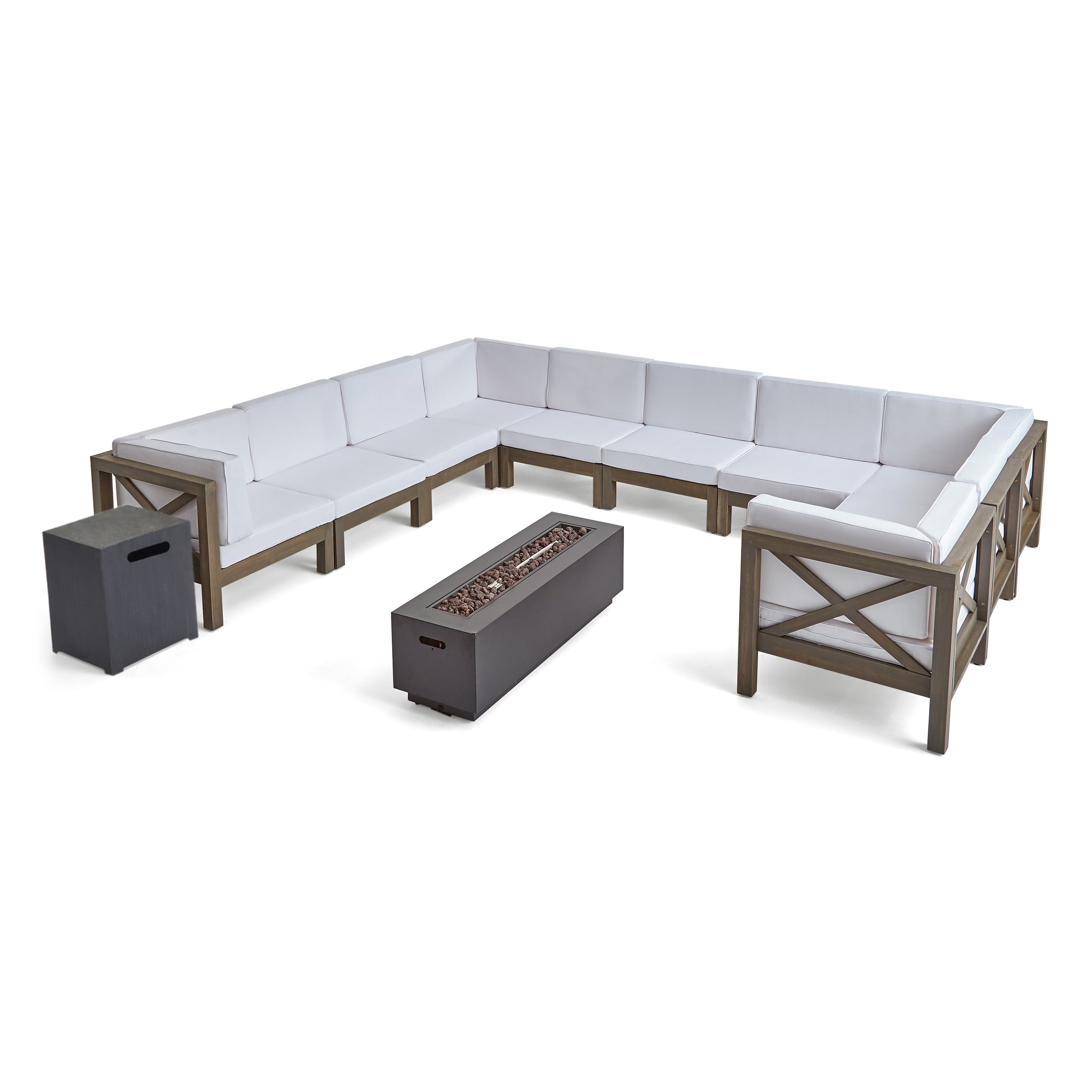 Lorelei Outdoor Acacia Wood 10 Seater U-Shaped Sectional Sofa Set with Fire Pit