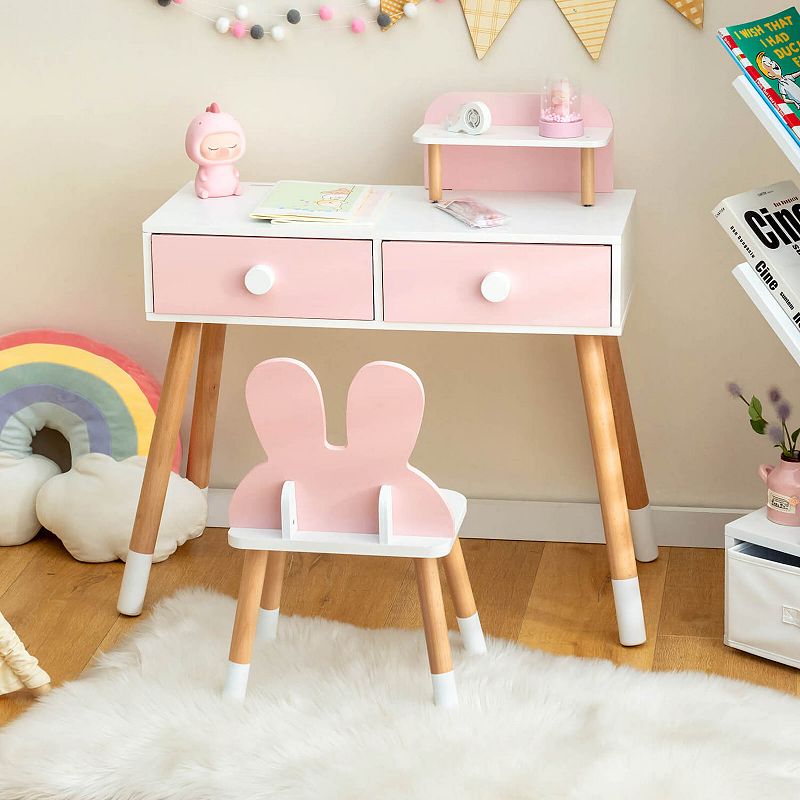 Kids Vanity Table and Chair Set with Drawer Shelf and Rabbit Mirror