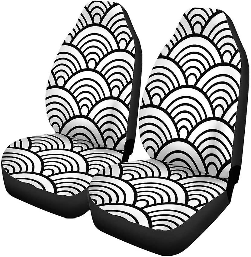 Set Of 2 Car Seat Covers White Black Traditional Wave Seigaiha Universal Auto Front Seats Protector Fits For Car，suv Sedan，truck