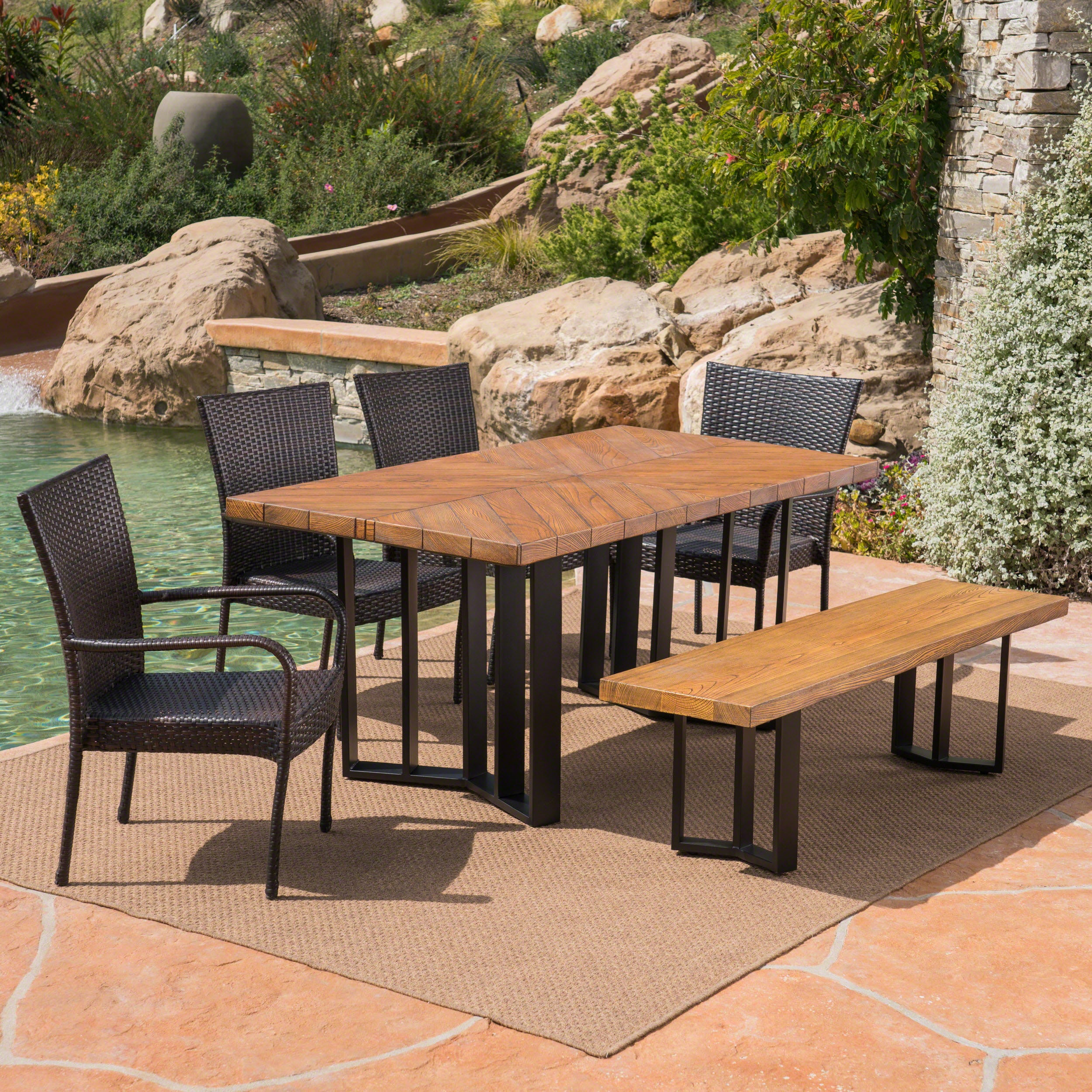 Fiona Outdoor 6 Piece Wicker Dining Set with Concrete Dining Table and Bench