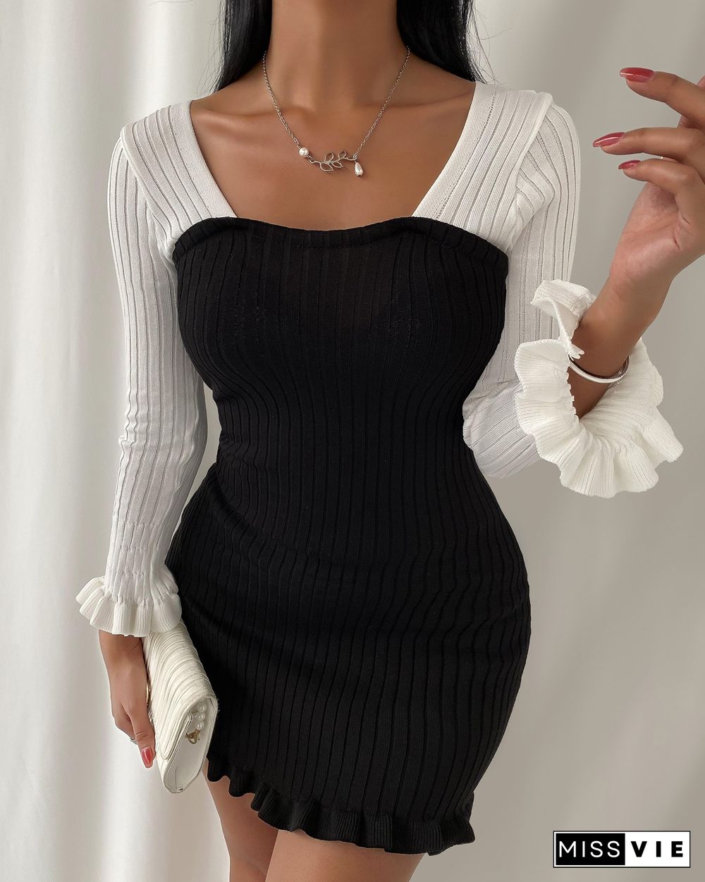 Frill Hem Tied Back Knit Bodycon Dress