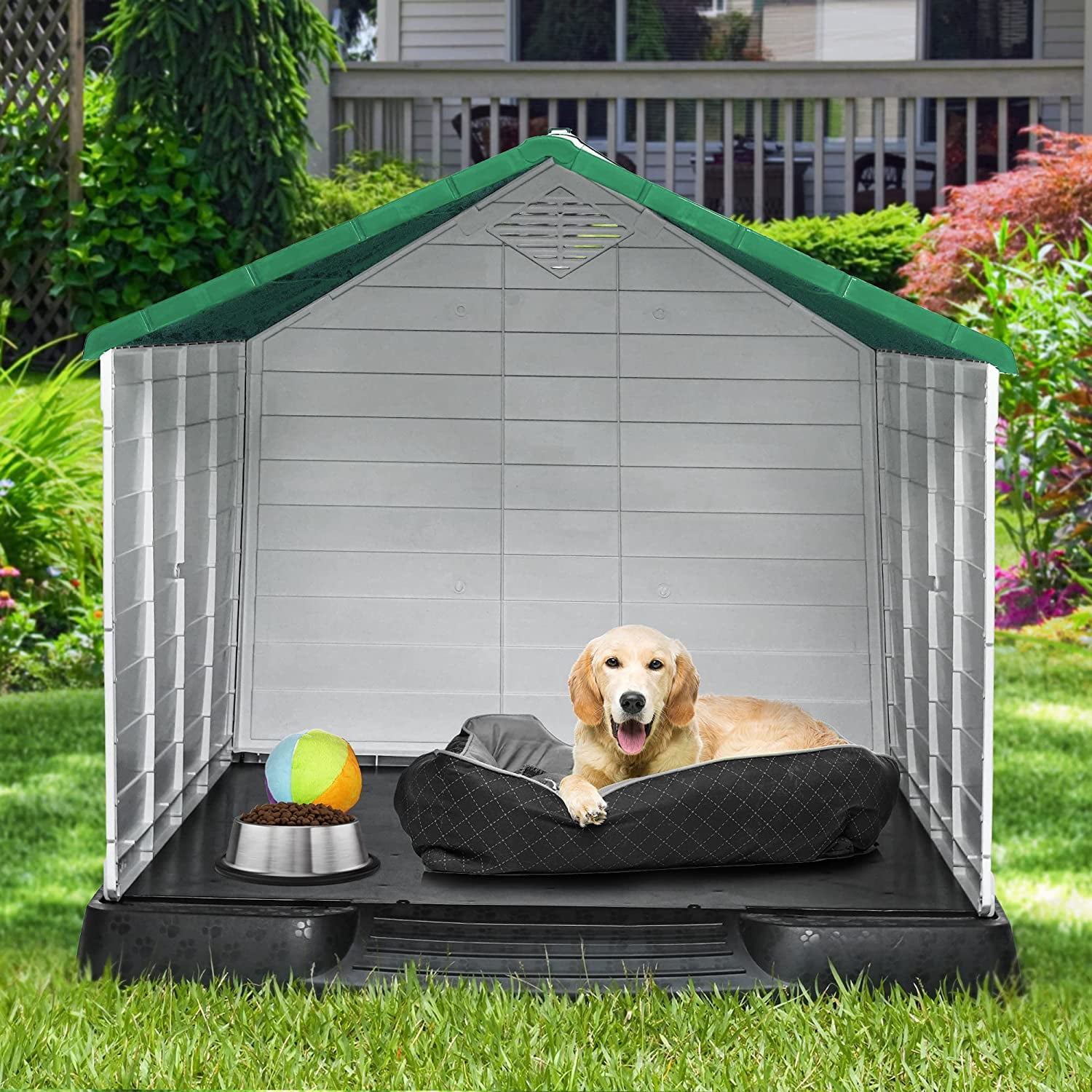 YITAHOME Large Plastic Dog House Outdoor Indoor Dog Puppy Shelter Water Resistant with Air Vents and Elevated Floor (41''L*38''W*39''H， Green)