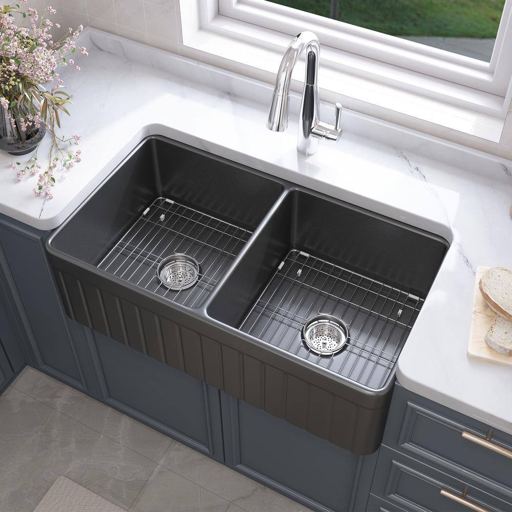 Black Fireclay 33 in. Double Bowl Farmhouse Apron Kitchen Sink with Bottom Grid and Basket Strainer HKD-331810T2-B