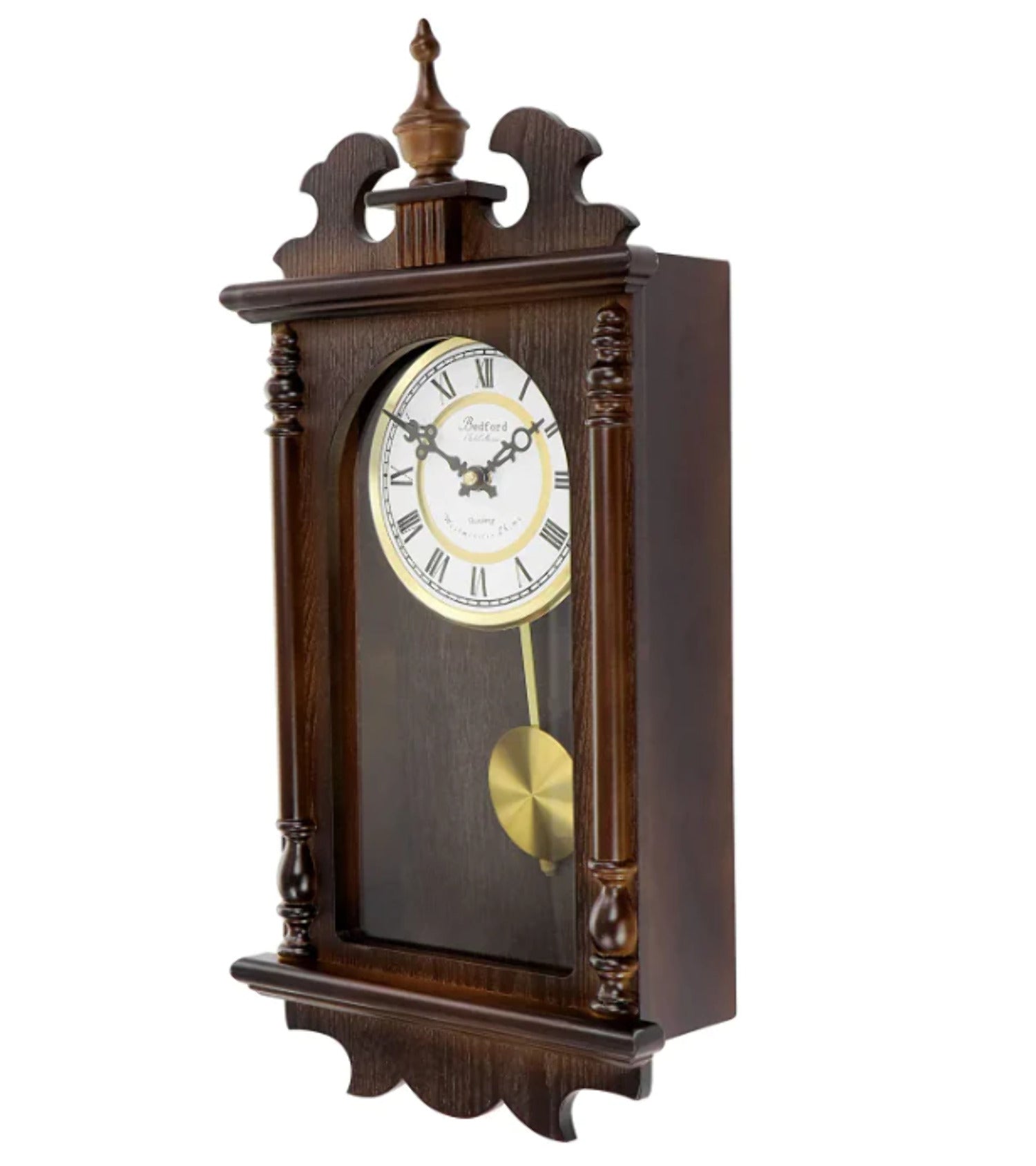 Bedford Clock Collection Leo 21 Inch Chestnut Brown Wood Chiming Vintage Pendulum Wall Clock