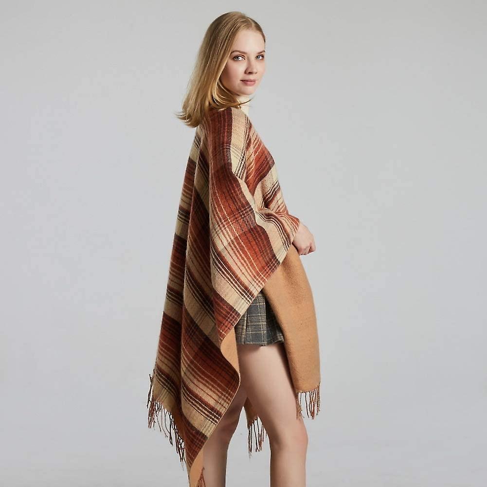 Women's Tassel Plaid Poncho Pashmina Shawl Wrap Cape Sweater Khaki -