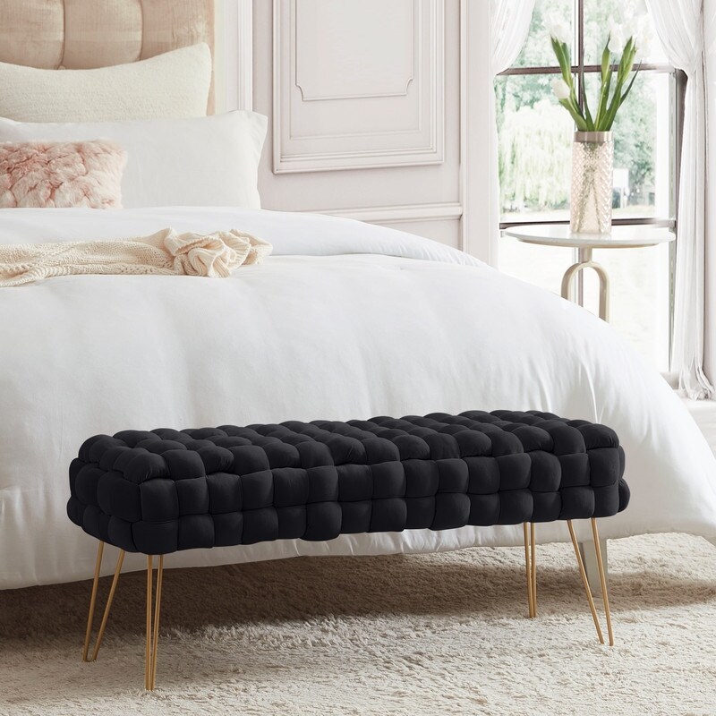 Mirage Modern Contemporary Woven Upholstered Velvet Long Bench Ottoman with Gold Metal Legs