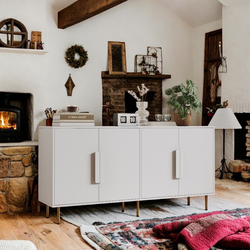 Modern Storage Cabinets with 4 Doors  Buffet Sideboard with Handle for Living Room Dining Room Entryway  White