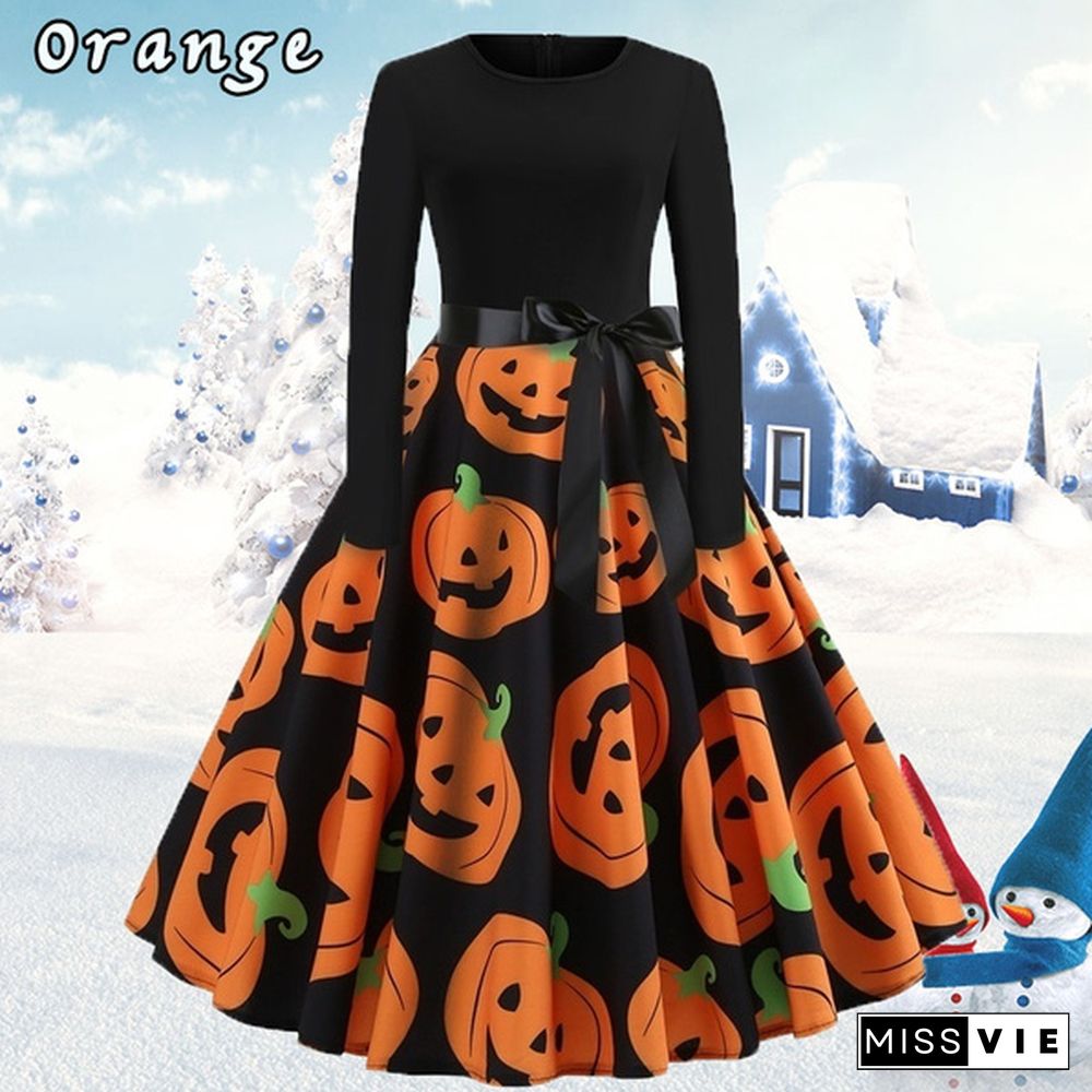 Dresses for Women Party Christmas Round Neck Belt Prom Dresses Halloween Costumes Long Sleeve Dresses Elegant Pumpkin Santa Claus Printed Evening Pleated Dresses