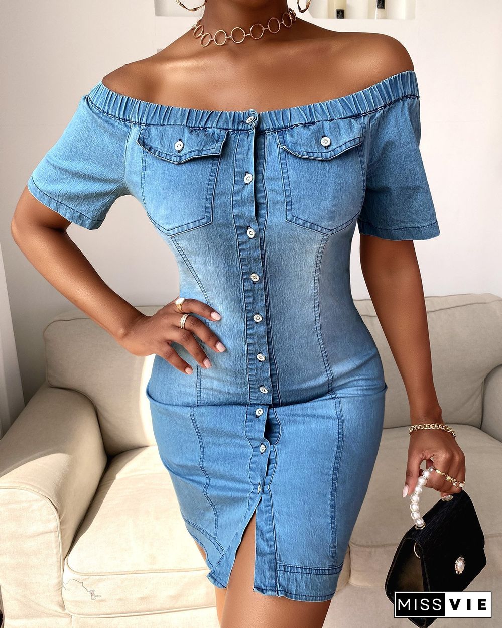 Off Shoulder Buttoned Denim Bodycon Dress P13578