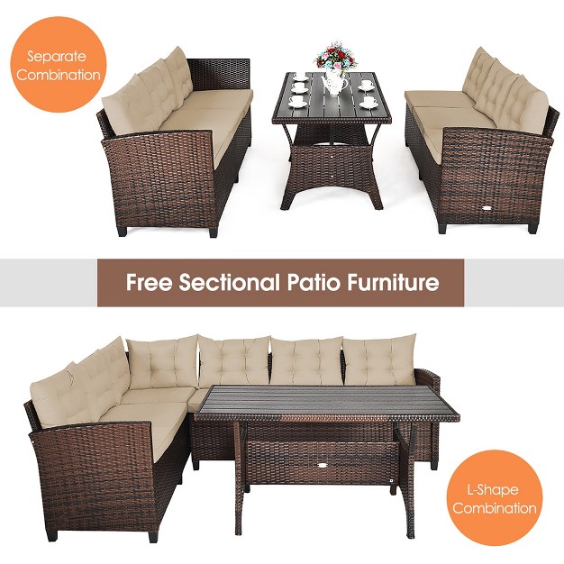 Costway 3pcs Rattan Dining Set Patio Furniture 6 Seats Sofa Cushioned