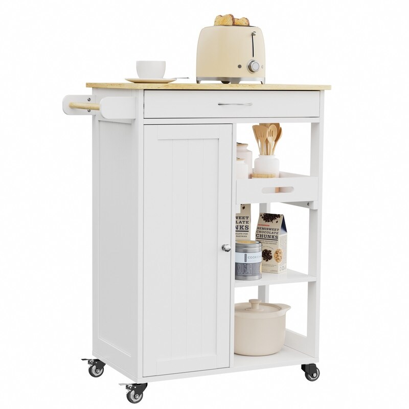 Kitchen Trolley Rolling Island Cart with 1 Drawer  Storage Cabinet and 3 Tier Storage Shelves