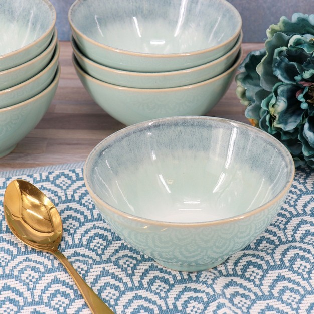 Meritage Windsor 8 Piece 6 Inch Round Stoneware Footed Bowl Set In Aqua