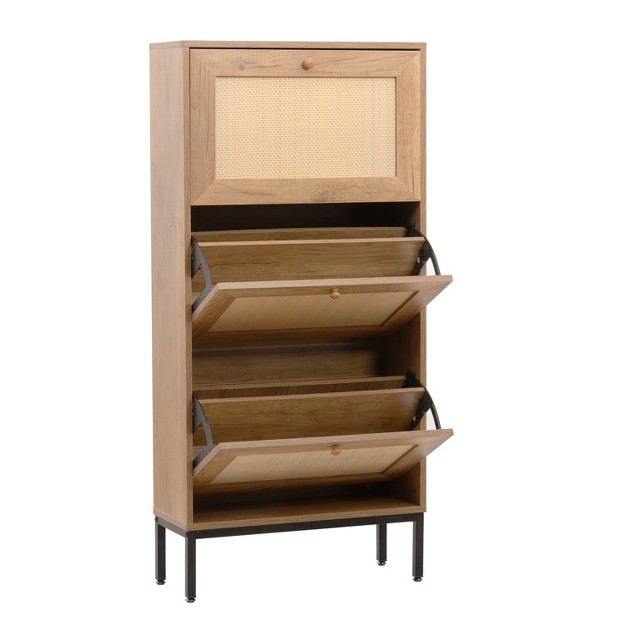 Freestanding Rattan Shoe Cabinet With 3 Flip Drawers And Metal Legs For Entrance Hallway And Bedroom Natural Modernluxe