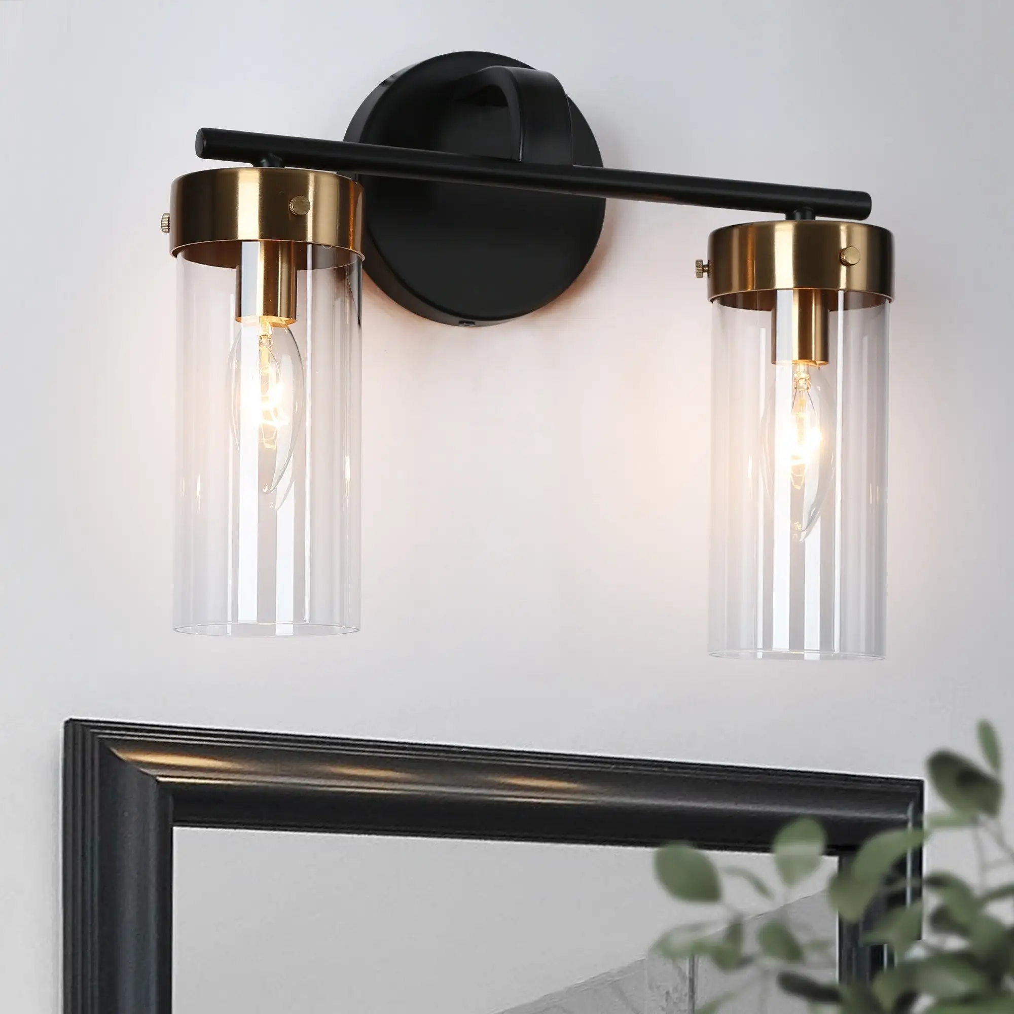 Modern 2-Light Black Bathroom Vanity Light Cylinder Glass Wall Sconces - 12.5