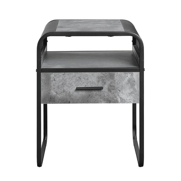 Wood and Metal End Table with 1 Storage Drawer， Concrete GrayandBlack