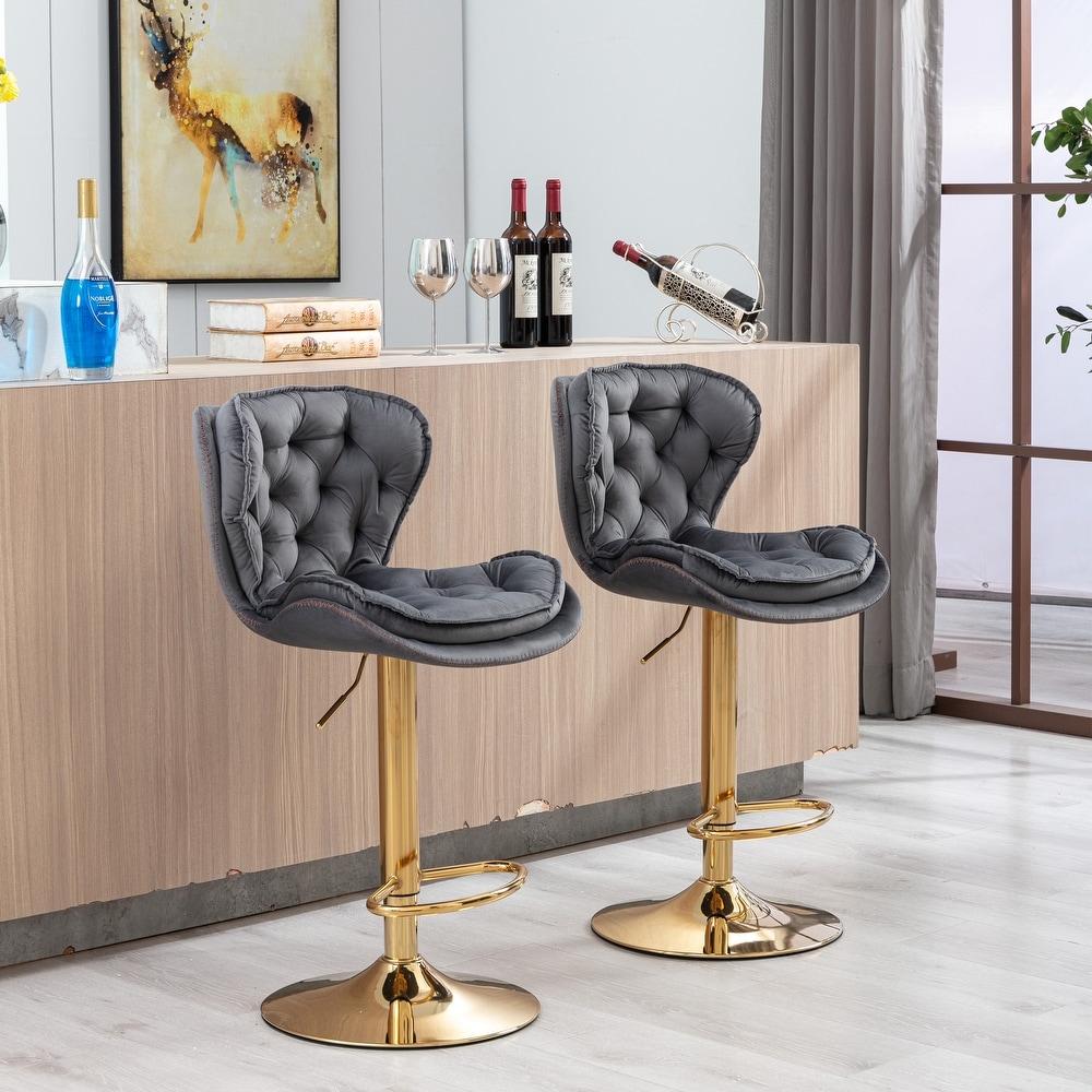 Set of 2 Bar Stools with Chrome Footrest and Base Swivel Height Adjustable