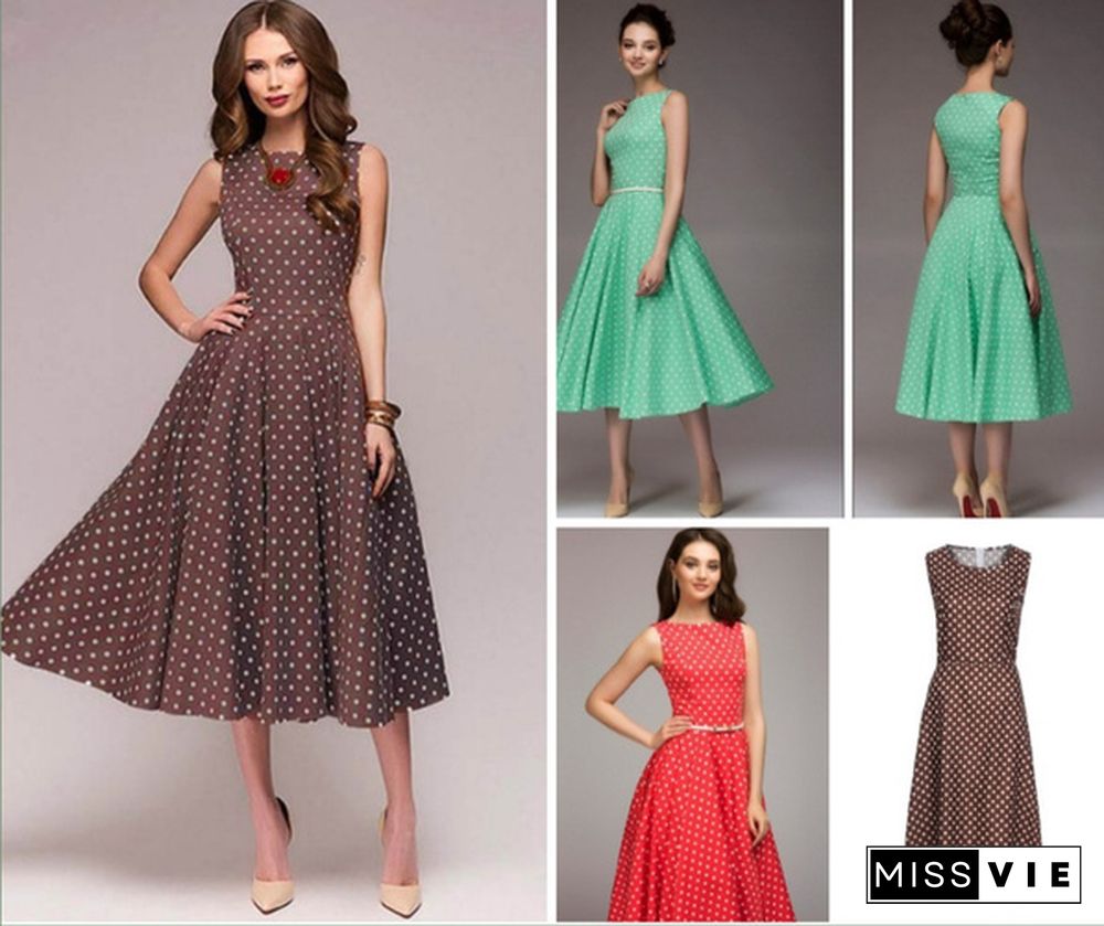 Vintage Polka Dot Swing Party Dresses Women Sleeveless O-neck Elegant Dress Casual Boho Midi Dress