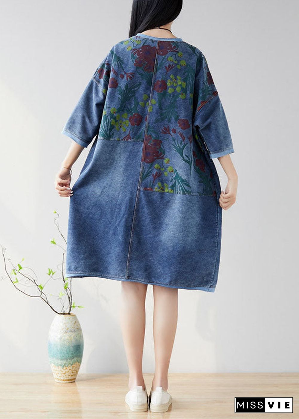 Organic Navy O Neck Patchwork Denim Dresses Half Sleeve