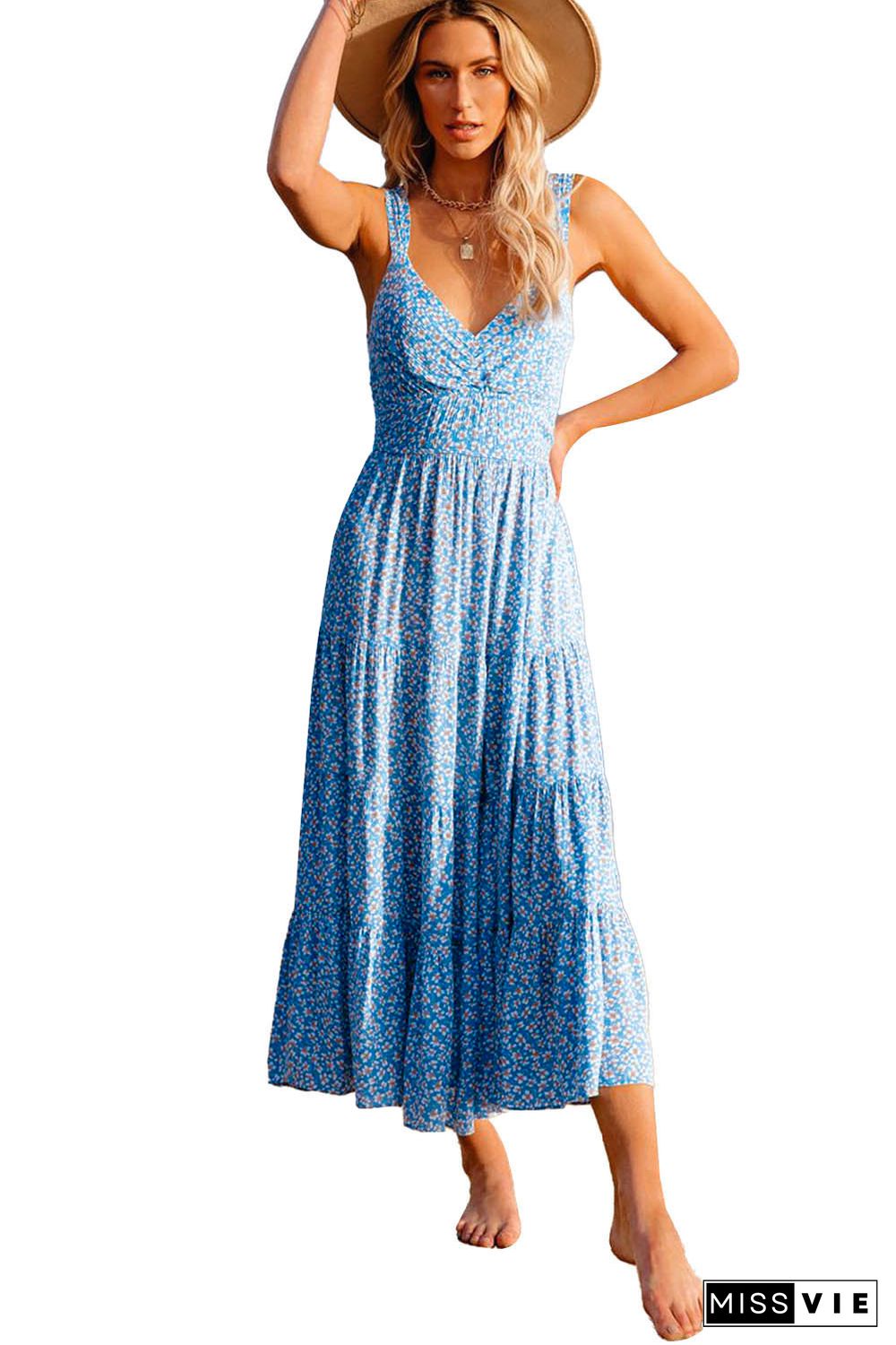 Sky Blue Floral Tie Back Long Dress