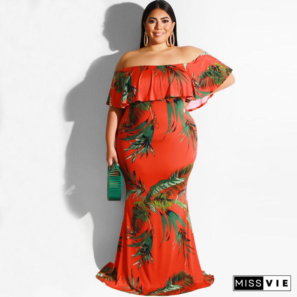 Sexy Off Shoulder Ruffles Printing Floor-length Plus Size Dress