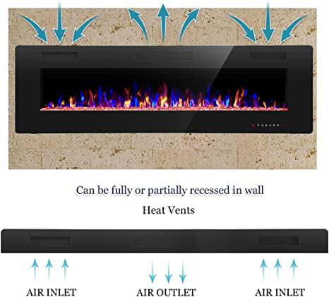 R.W.FLAME 60" Electric Fireplace in-Wall Recessed and Wall Mounted 1500W Fireplace Heater and Linear Fireplace with Timer/Multicolor Flames/Touch Screen/Remote Control (Black)