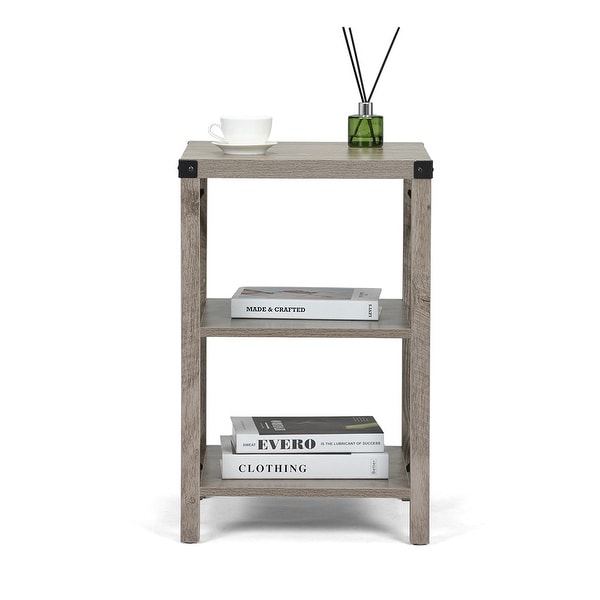 2pcs Farmhouse Side Table with 3-Tier Shelf and X-Shaped Metal Support