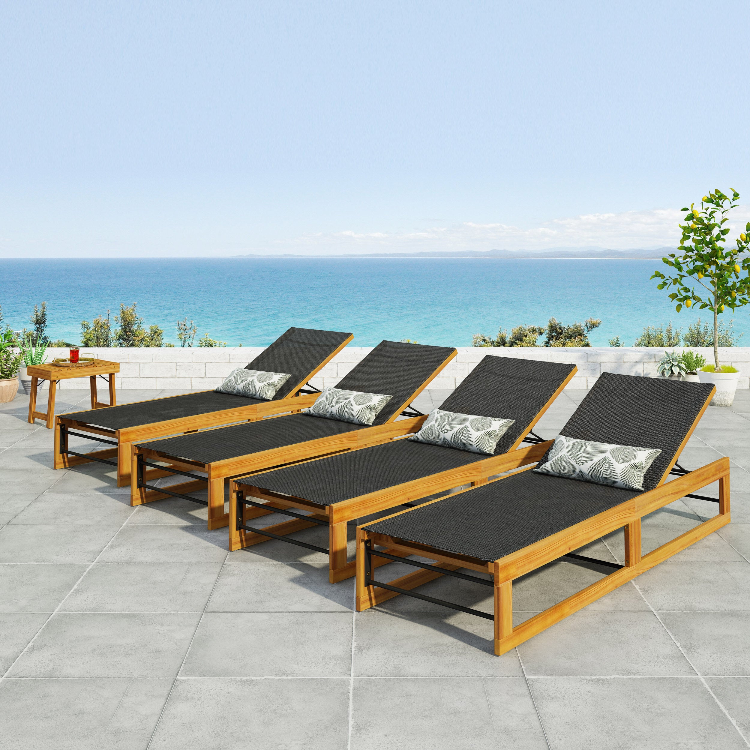 Leavitt Outdoor Mesh and Wood Adjustable Chaise Lounges, Set of 4, Black and Teak