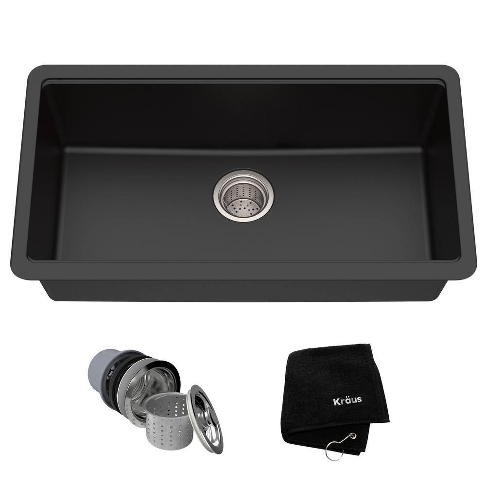 KRAUS Undermount Granite Composite 32 in. Single Basin Kitchen Sink Kit in Black KGU-413B