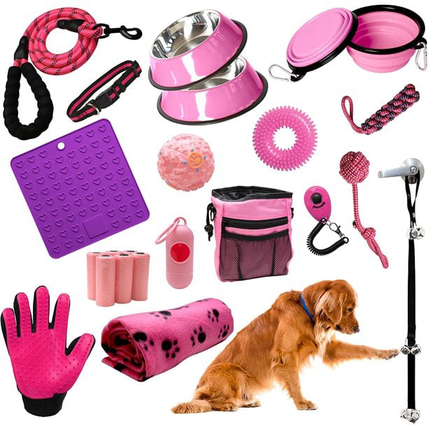 SETONWARE Puppy Starter Kit， Dog Toys， Dog Bed Blankets， Puppy Dog Grooming Tool， Training， Toys， Training Bells Dog Leashes Accessories for Dogs Gift for New Puppies Pink 23 Pieces