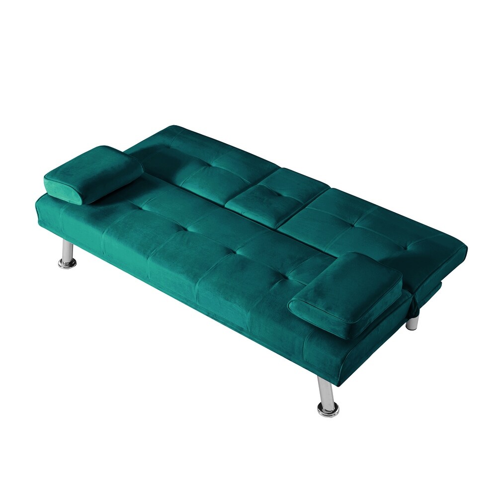 Velvet Upholstered Loveseat Bed Modern Convertible Futon Sofa Bed Folding Backrest Sleeper Sofa w/ Console   Cup Holders  Green