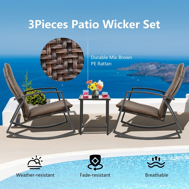 Costway 3pcs Patio Rattan Rocking Chair Table Furniture Set Yard Cushion