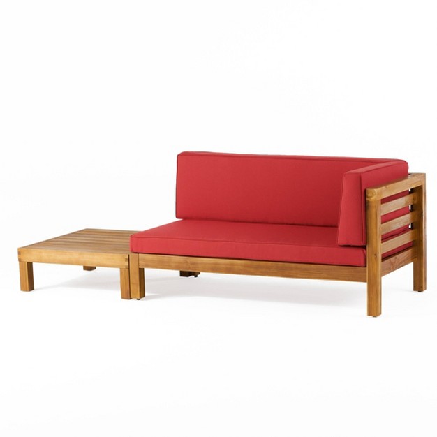 2pk Oana Outdoor Acacia Wood Right Arm Loveseat amp Coffee Table With Cushion Teak red Christopher Knight Home