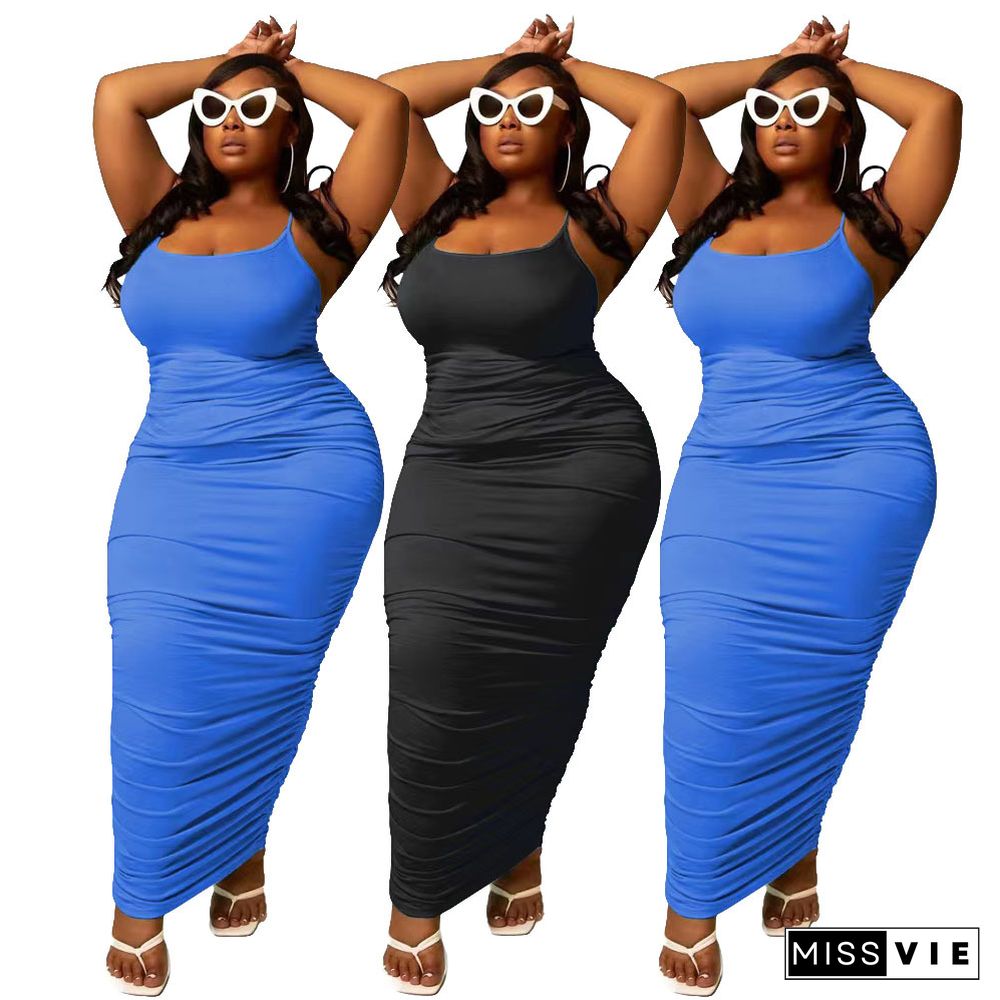 Solid Color Plus Size Pleated Slip Dress