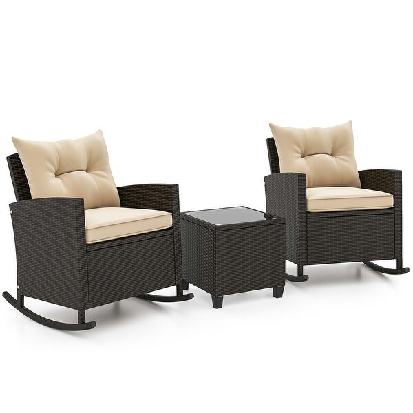 Costway 3 PCS Patio Wicker Rocking Set with Tempered Glass Table and