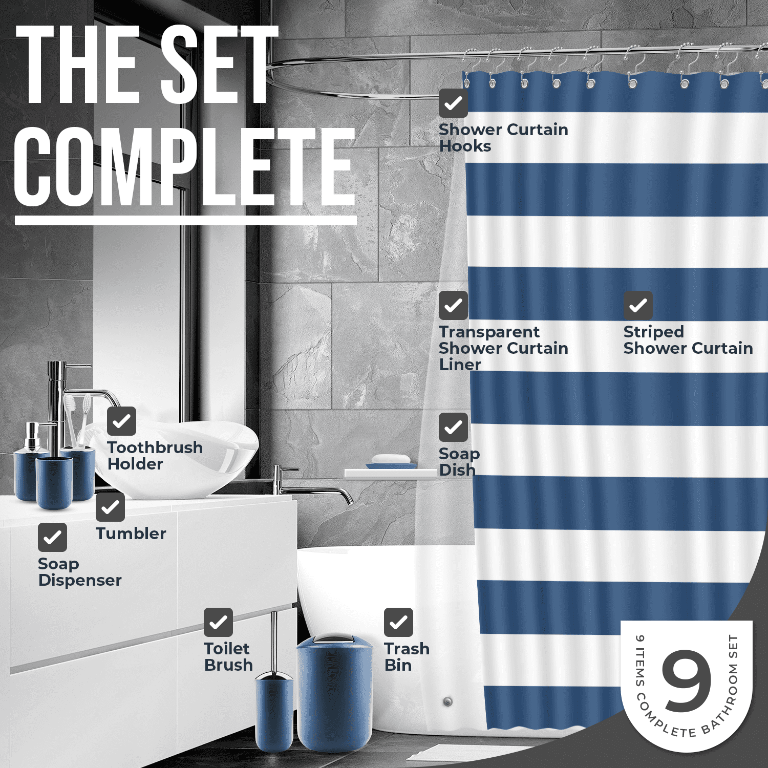 Clara Clark 12 Piece Complete Bathroom Accessory Gift Set， Bathroom Décor， Bathroom Curtains Shower Set， Bath Rug Set Included， Navy Blue