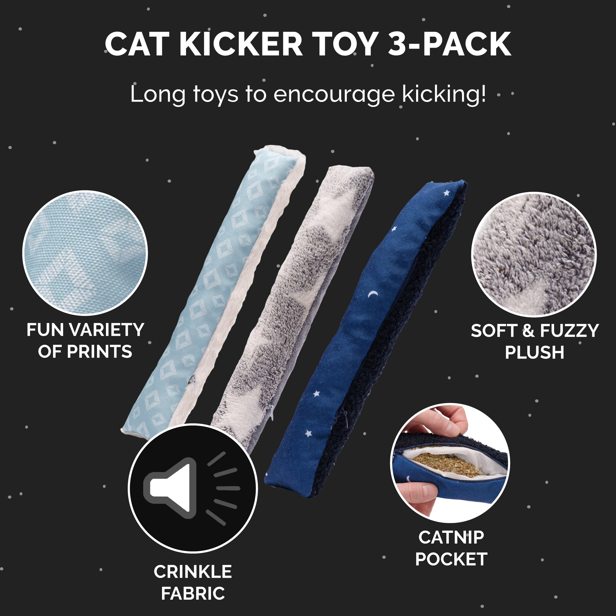 Furhaven (Set of 3) Catnip Plush Kicker Cat Toy Set， Refillable - Space Print