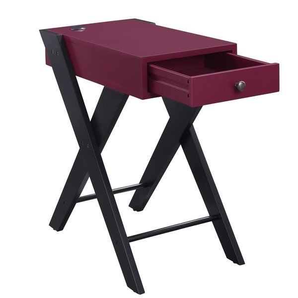 Wooden Frame Side Table with X Shaped Legs and 1 Drawer， Purple and Black