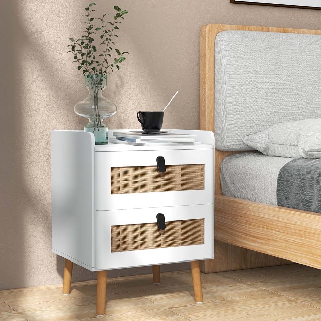 Costway Modern Nightstand End Bedside Table With 2 Rattan Drawers amp Solid Wood Legs White