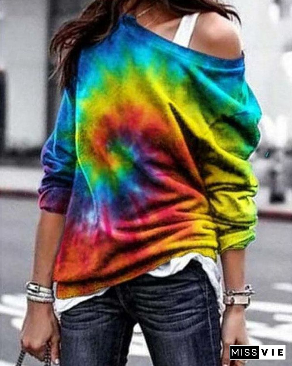 Gradient Heart Swirl Print Paneled Crew Neck Casual T-shirt