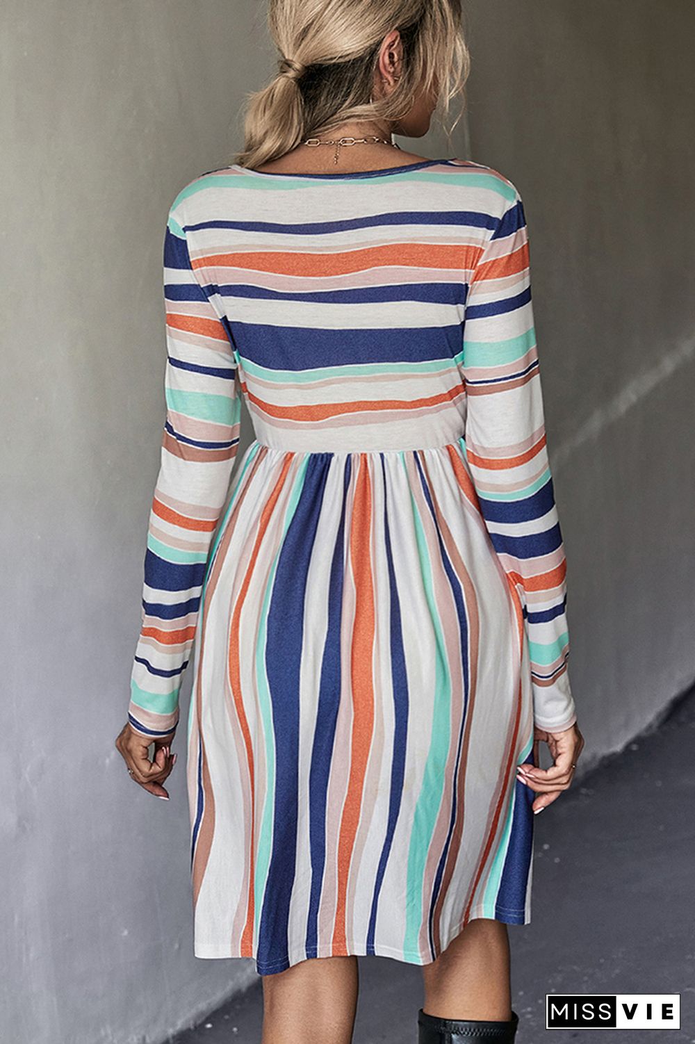 Color Block Stripes Long Sleeves Dress