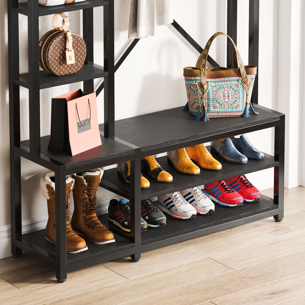 Entryway Hall Tree Coat Rack with Shoe Bench and Side Storage Shelves