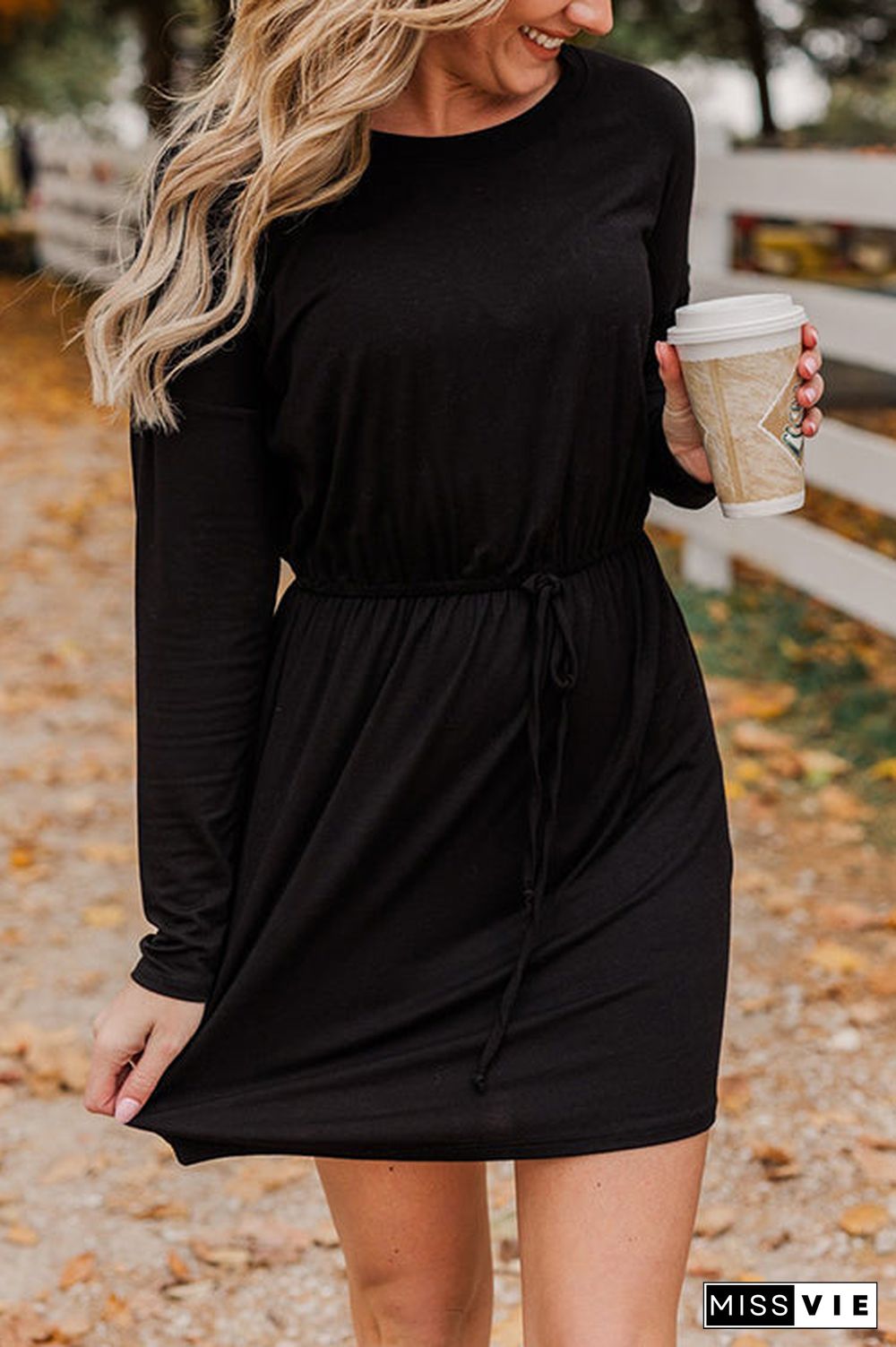 Drawstring O Neck Long Sleeve Swing Dress