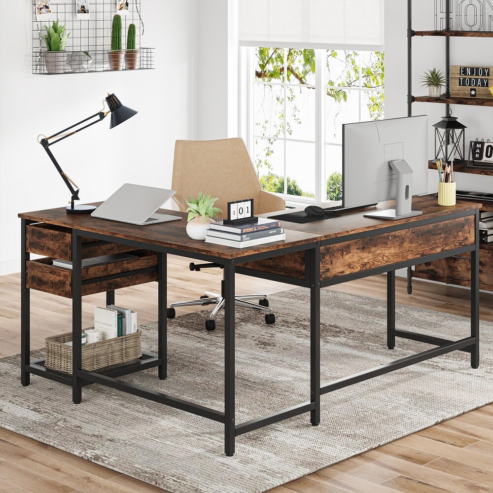 Wood Solid 59’’ L shaped Computer Corner Desk with Lift Top  Industrial Writing Table with Drawers and Storage Shelves