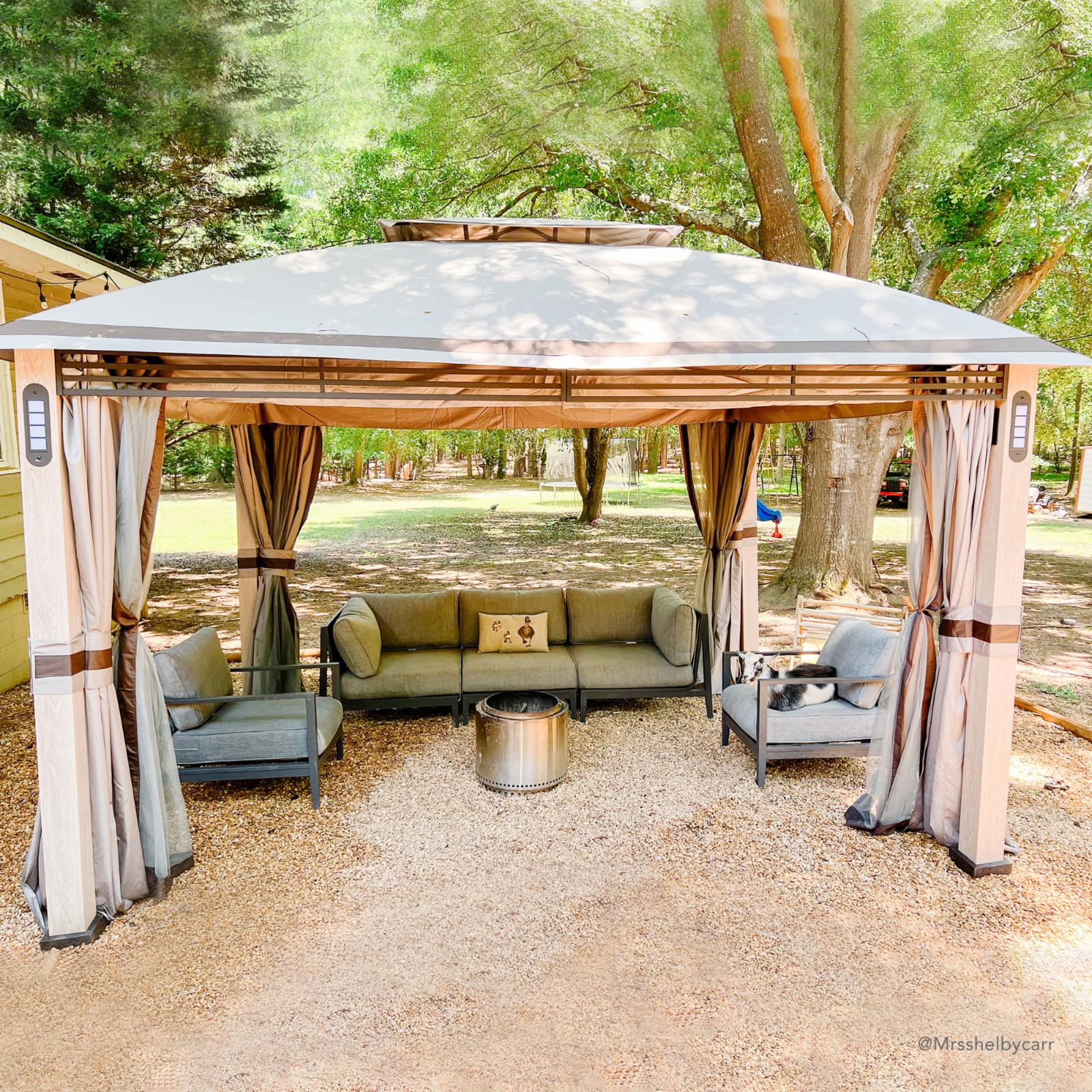 SummerCove Outdoor Patio 11x13 ft. Gray 2-Tier Backyard Soft Top Gazebo with LED Light, Bluetooth Speaker