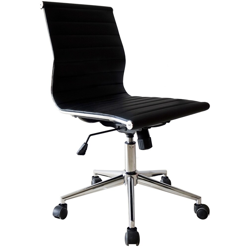 Brown Adjustable Mid Back Office Chair: Sleek Swivel  PU Leather  Armless  Ribbed