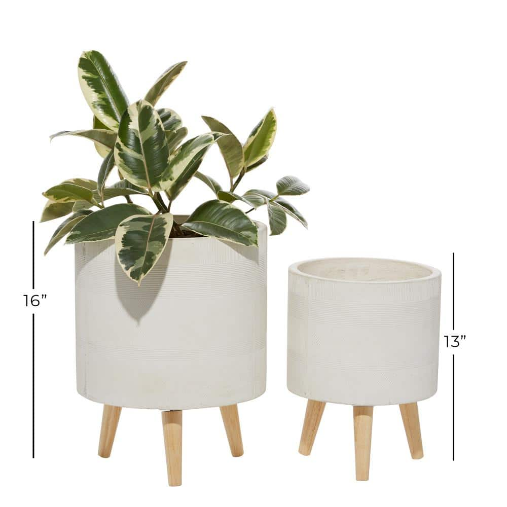 Litton Lane 16in. Medium White Ceramic Indoor Outdoor Planter with Wood Legs (2- Pack) 46492